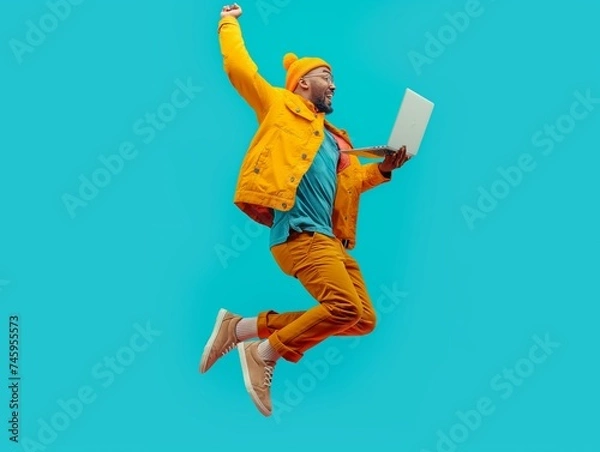 Obraz A man jumping with a laptop in his hand on a light blue studio background