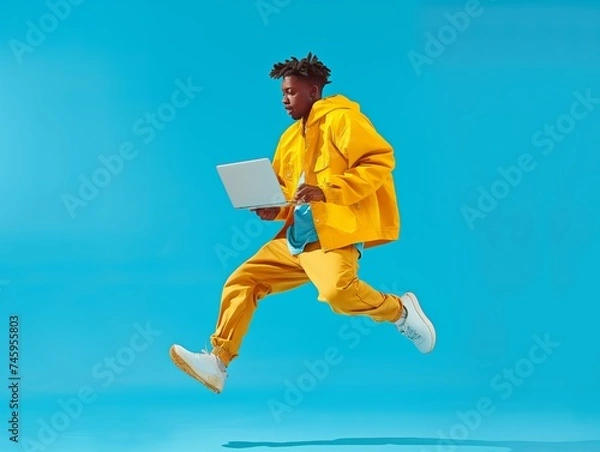 Obraz A young man jumping with open laptop in his hand on a blue studio background