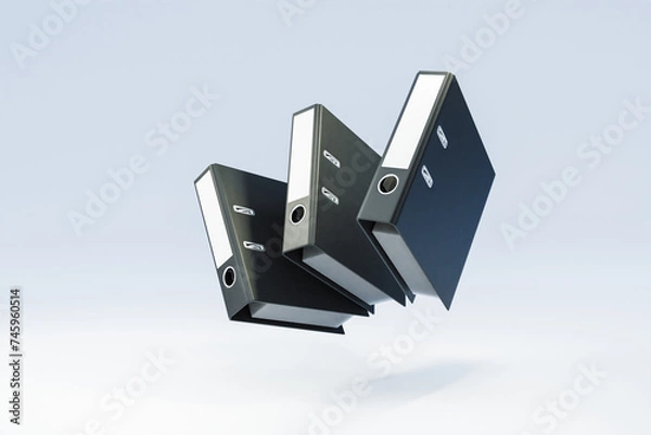 Fototapeta three black folder document binder floating and falling over clean surface; object isolated on infinite background; 3D rednering