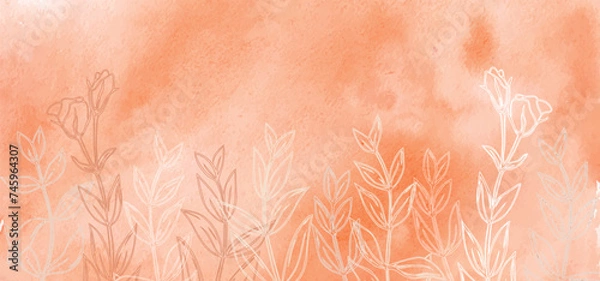 Fototapeta Orange plant for card, invitation, posters. White brown contour silhouette leaf on red watercolor background. Transparent hand drawn pattern of  meadow.