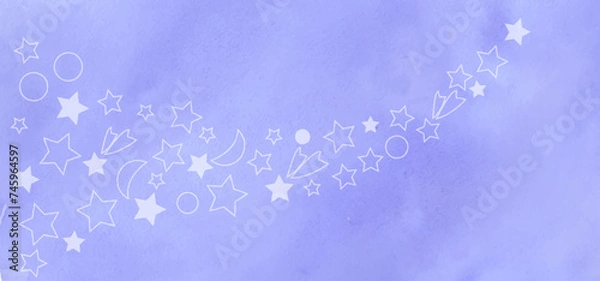 Fototapeta Vector blue violet pattern with contour star, planet, comet.  Watercolor night sky background. Space card banner. Sparkle galaxy papper.