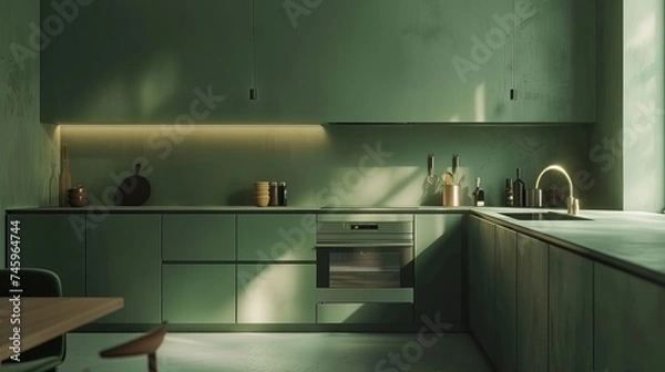Fototapeta Simplicity of a minimalist green kitchen, where understated elegance and timeless design create a peaceful retreat for culinary creativity and quiet moments of relaxation