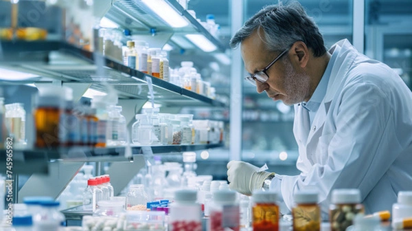 Fototapeta With a commitment to quality, a man stands at the assembly line in a pharmaceutical laboratory, ensuring the integrity and efficacy of medical drug production to meet the evolving