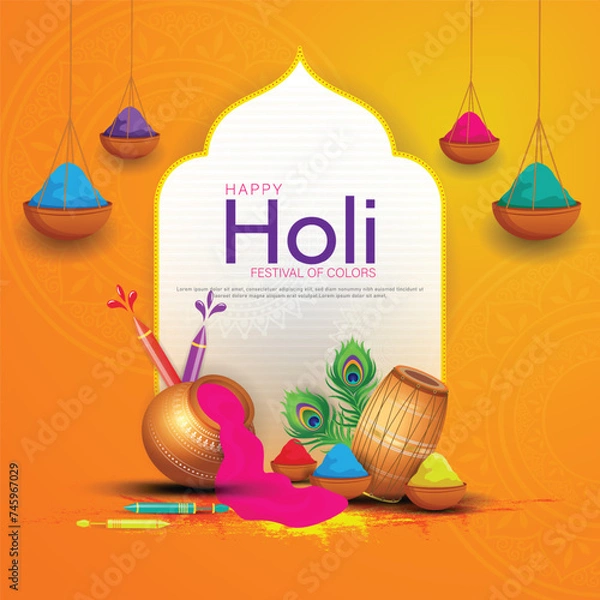 Fototapeta Happy holi festival poster template with holi powder color bowls on multicolor background.