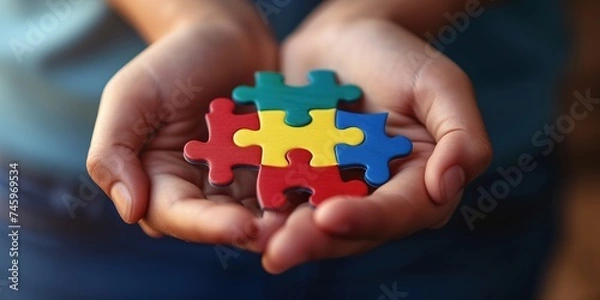 Fototapeta Childs hands holding connected puzzle pieces. Autism awareness day