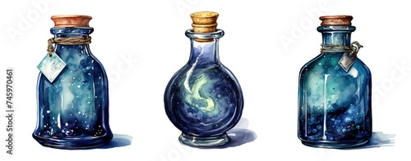 Fototapeta set of watercolor illustrations with magic glass vessels, potion bottles