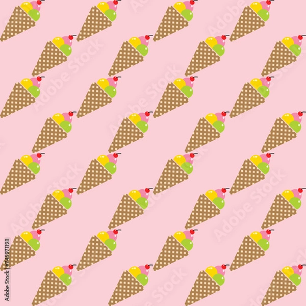 Obraz Seamless pattern with ice cream cones on pink background. Vector illustration.