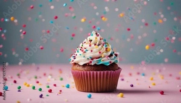 Obraz A cupcake with colorful sprinkles