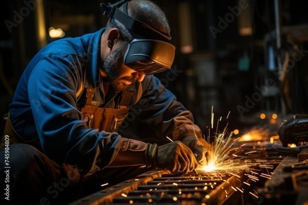 Fototapeta Professional welder welding large pipe with sparks, blue light in foreground. High resolution image.