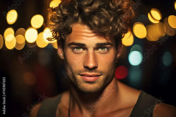 Fototapeta Guy celebrating at a disco party with neon lights created with generative AI