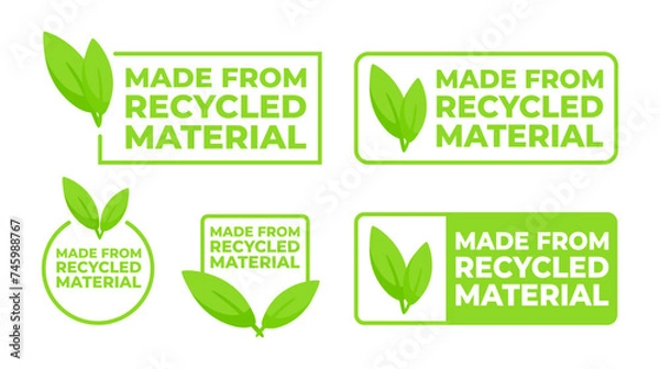 Fototapeta Set of labels indicating products are made from recycled material, featuring a green color scheme and leaf emblem for eco-awareness.