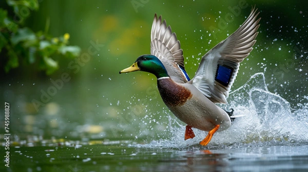 Obraz Duck taking off from a lake, surrounded by splashes