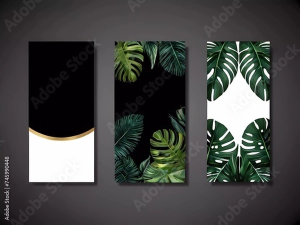 Fototapeta vector wedding invitation set with green tropical leaves on white background. Exotic botanical design for wedding ceremony. Can be used for cosmetics, spas, perfumes, beauty salons, travel agencies