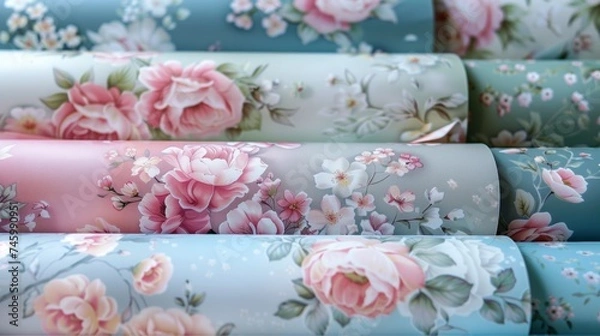 Fototapeta A bunch of rolls of paper with flowers on them, AI