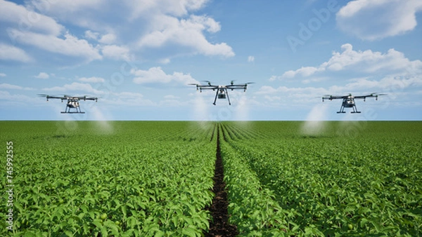 Fototapeta Agriculture drone fly to sprayed fertilizer on the tomato fields
