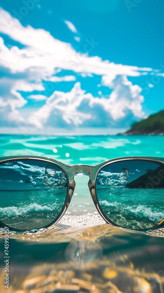 Obraz Sunglasses reflecting a beach landscape