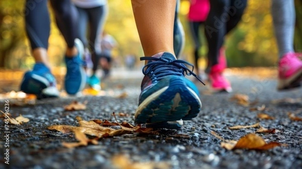 Fototapeta A group of people wearing running shoes walking on a road, AI