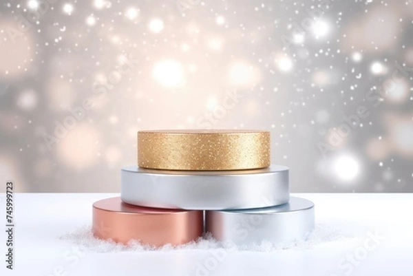 Obraz 3D Podium with background soft bokeh, podium for product presentation, geometric shape for product display presentation, stage showcase, promotion display, Christmas, New year.