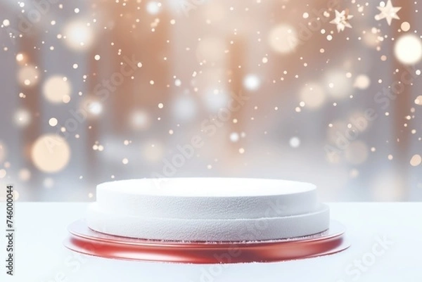 Fototapeta Podium with background soft bokeh, podium for product presentation, stage showcase, promotion display, Christmas, New year, 3D.