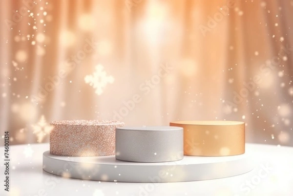 Obraz Podium with background soft bokeh, podium for product presentation, stage showcase, promotion display, Christmas, New year, 3D.