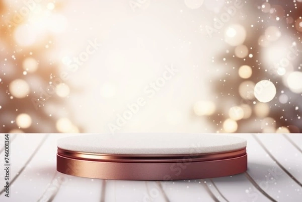 Fototapeta Podium with background soft bokeh, podium for product presentation, stage showcase, promotion display, Christmas, New year, 3D.