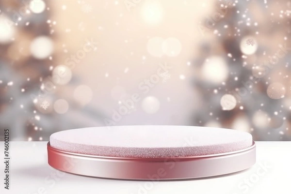 Fototapeta Podium with background soft bokeh, podium for product presentation, stage showcase, promotion display, Christmas, New year, 3D.