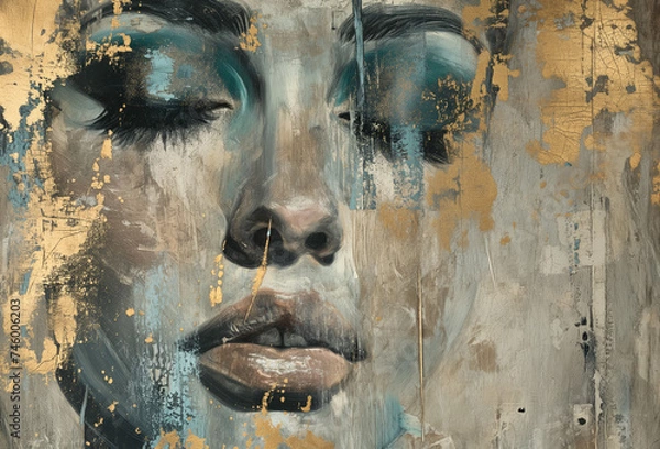 Fototapeta Portrait of a woman. Beautiful plants on canvas.Gold, black, blue and gray colors. Interior painting. Beautiful background. Generative AI.