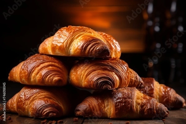 Obraz Tasty croissants on beige backdrop, appetizing pastry visual for stock photo buyers....   title. tasty croissants on beige backdrop, appetizing pastry visual.