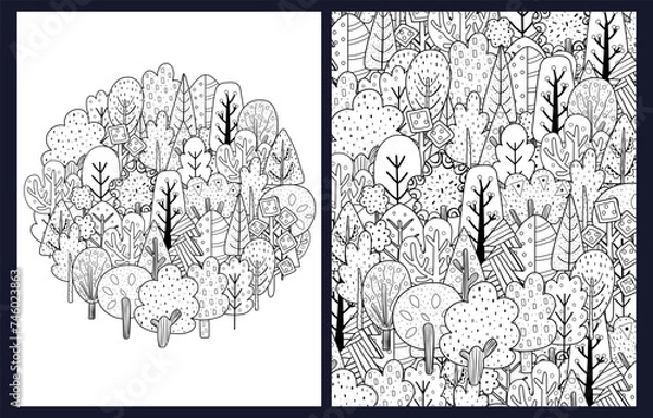 Fototapeta Doodle trees coloring pages set. Black and white templates with funny trees. Outline background. Vector illustration