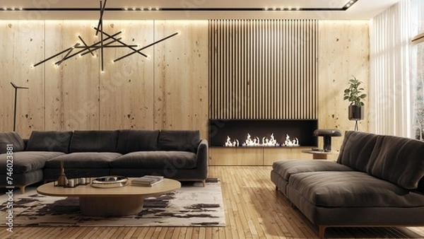 Fototapeta Living room designed in a modern minimalist style, with a large comfortable sofa. There is a fireplace in the wall fully clad with large wooden panels that harmonize with the floor. 3D illustration.