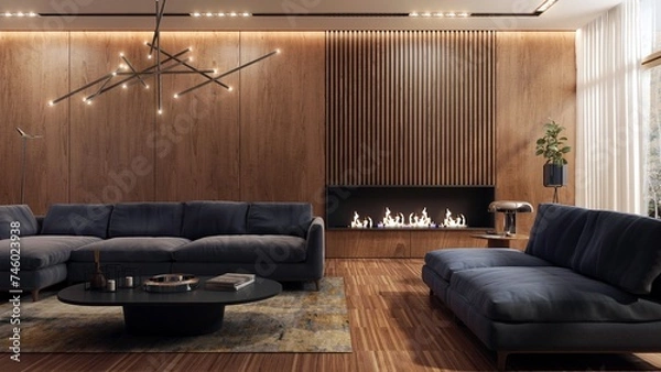 Fototapeta Living room designed in a modern minimalist style, with a large comfortable sofa. There is a fireplace in the wall fully clad with large wooden panels that harmonize with the floor. 3D illustration.