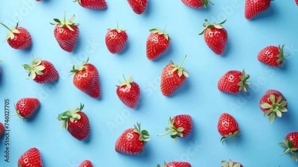 Obraz Ripe juicy red strawberries on blue background, top view flat lay. Sweet summer berry, healthy food, summer fruit background