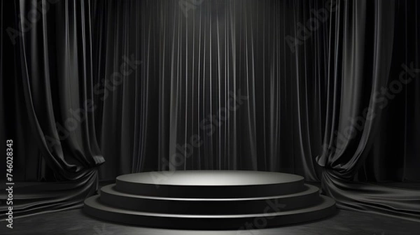 Fototapeta Black product background room and podium stand on dark curtain scene display with luxury fabric backdrops 