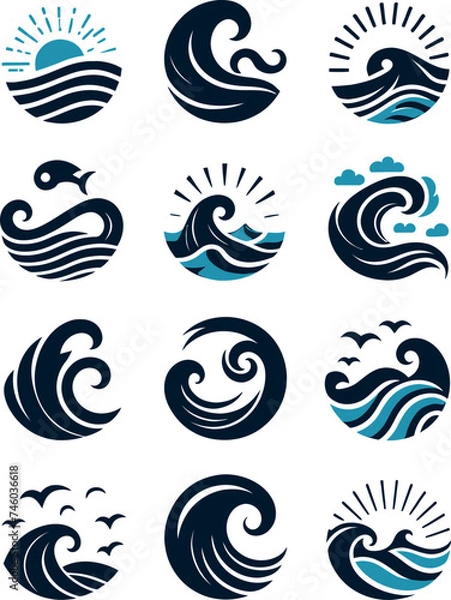 Obraz set of sea wave sunset logo icon silhouette symbols clipart, sunset logo concept