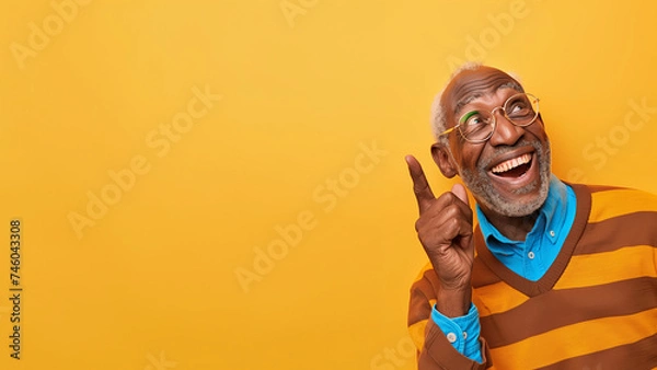 Fototapeta Photo of a casual african american senior person, on a yellow background, youtube thumbnail 4k ready image, AI-generated photo