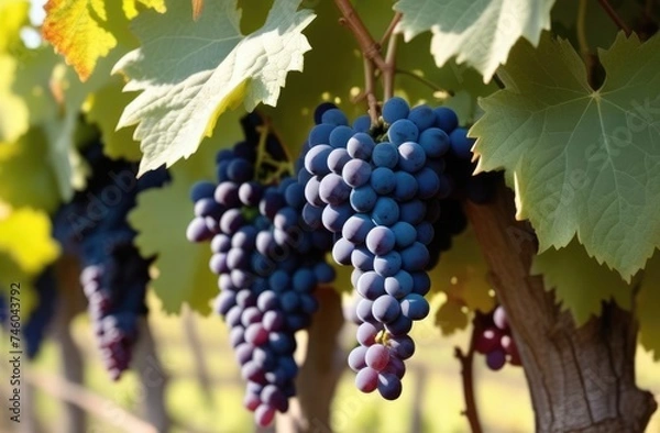 Fototapeta close-up, ripe bunch of blue grapes on a vine branch, grape plantation, summer vineyard, harvesting, wine production, sunny day