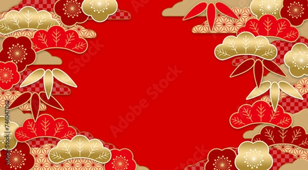 Obraz お正月やお祝い事のための松竹梅の和風の背景、中国的な配色
