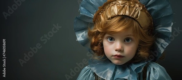 Fototapeta Adorable Doll Dressed in Blue with a Shiny Gold Bow, Perfect for Toy and Fashion Concepts