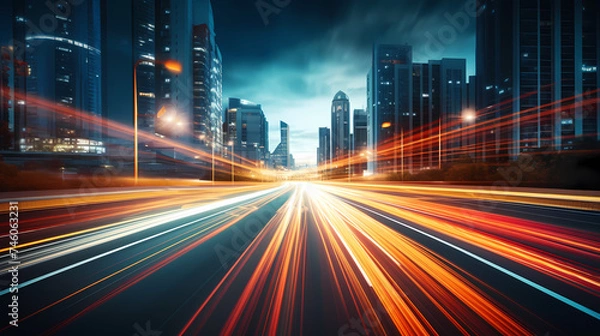 Fototapeta Big city skyline and traffic lights blur motion, skyscrapers and highway light tracks during rush hour