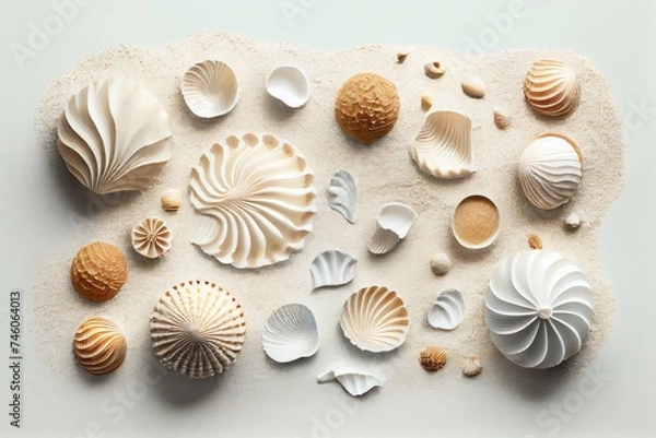 Fototapeta Sea Shell Texture Background, Colorful Seashell Pattern, Sea Shells on Sand, Abstract Generative AI Illustration