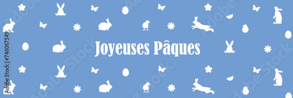 Fototapeta Bannière bleue joyeuse pâques lapin œuf et poules