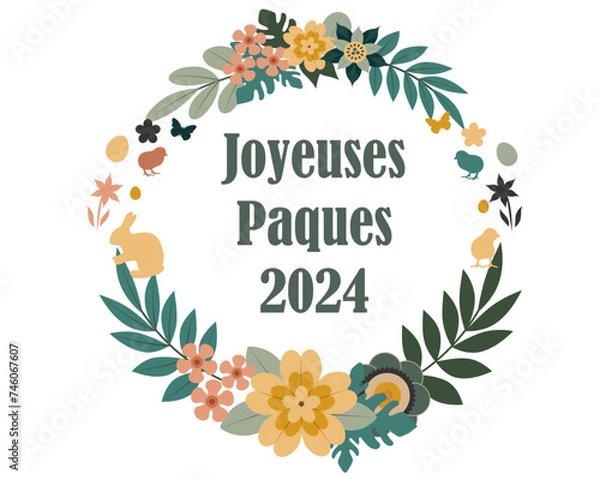 Fototapeta Couronne de fleur joyeuses pâques 2024 avec détail lapin, oeuf, et poule