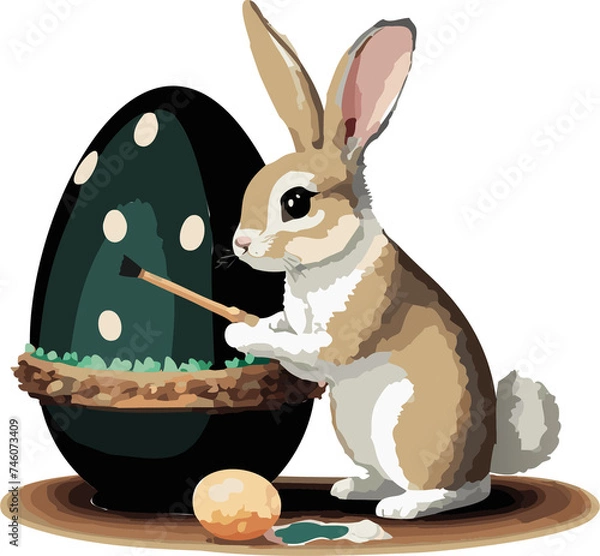 Fototapeta Un lapin dessin qui peint un oeuf de pâque 