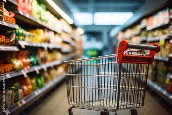 Fototapeta Empty shopping cart in supermarket aisle