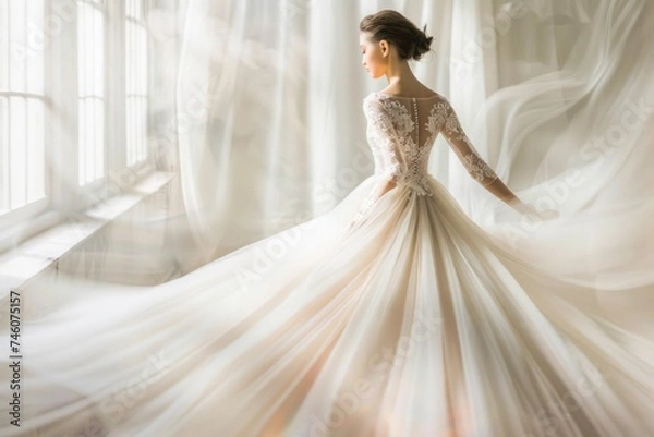 Fototapeta A bride in a dynamic pose with her wedding dress train flowing around her, creating a dramatic and ethereal statement, perfect for luxury bridal fashion features..