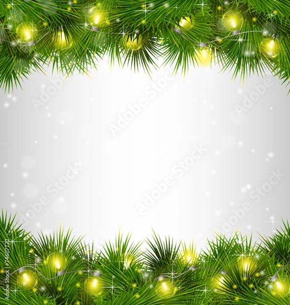 Fototapeta Yellow Christmas lights on pine branches on grayscale background