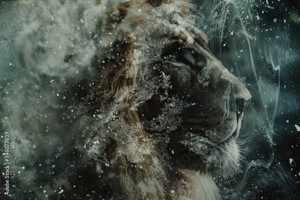 Fototapeta A lion's profile blended with the texture of a starry night sky in a double exposure 