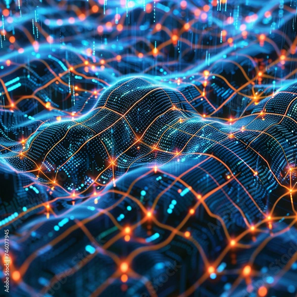 Fototapeta Advanced AI algorithms processing data with glowing neural networks sprawling across a futuristic tech interface