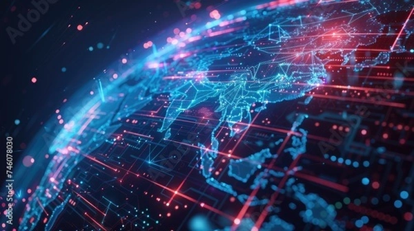 Fototapeta Futuristic earth with neon connections depicting the flow of digital information and tech innovation across continents