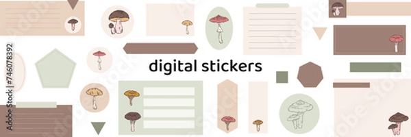 Fototapeta Digital note papers and stickers for digital bullet journaling or planning. Hand-drawn vector mushrooms set. Line art. Ready to use blank sticky notes.